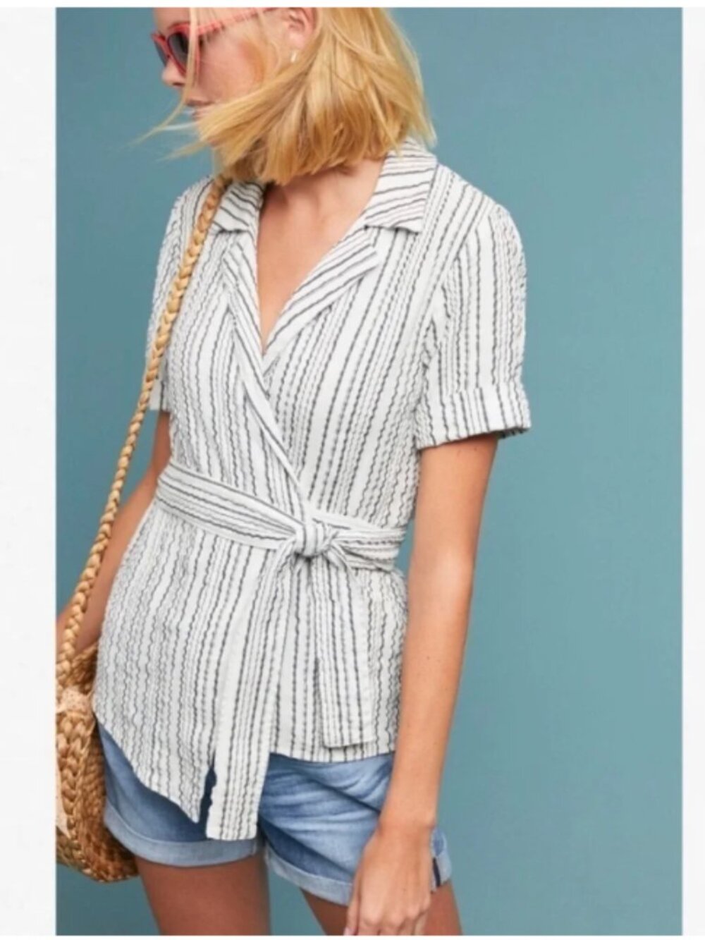Anthropologie Amadi Matute White & Black Stripe Wrap Short Sleeve Top XS